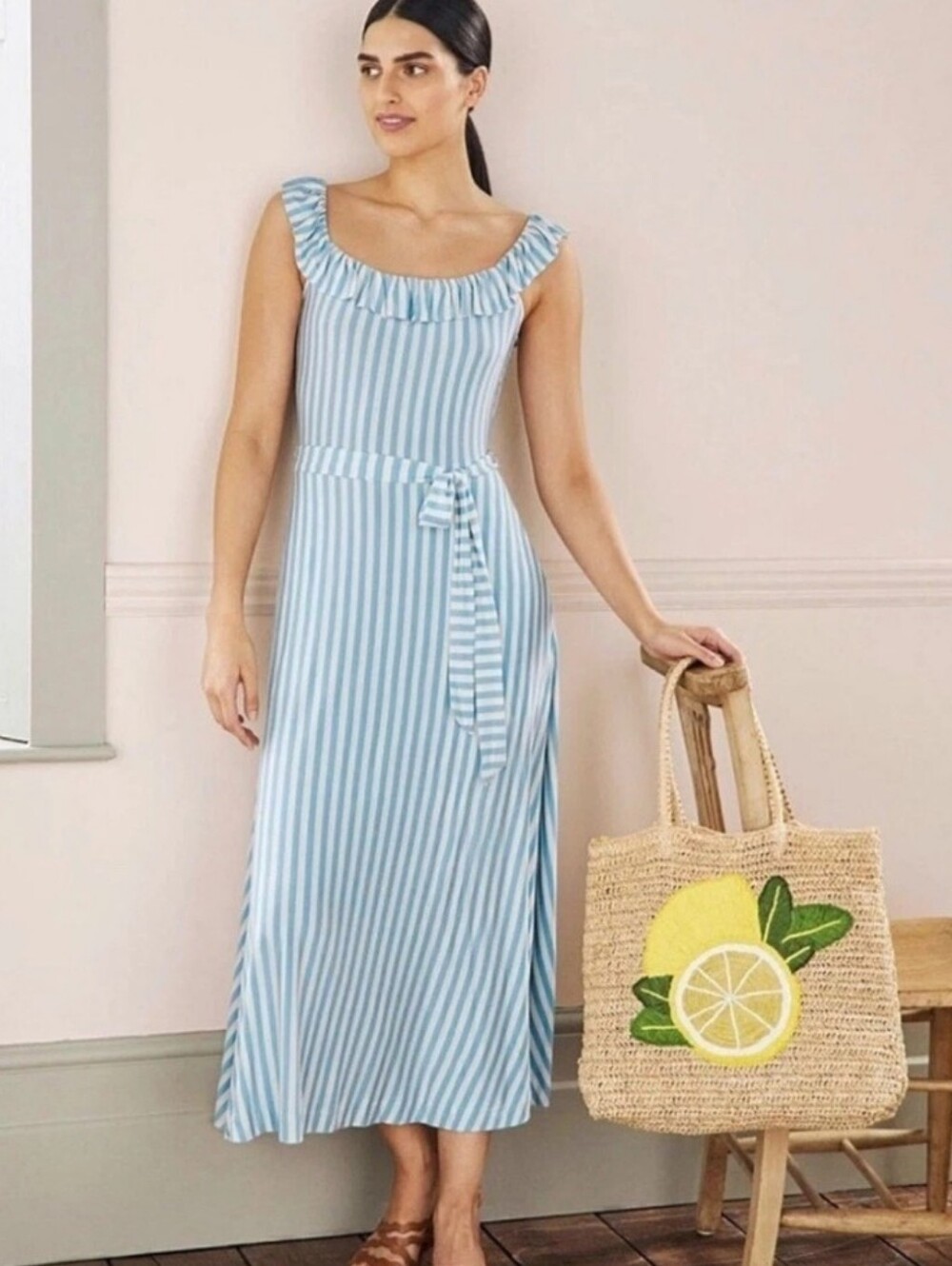 Boden Blue White Striped Ruffle Neck Maxi Dress Women's Size 10 UK 14 Tie Waist
